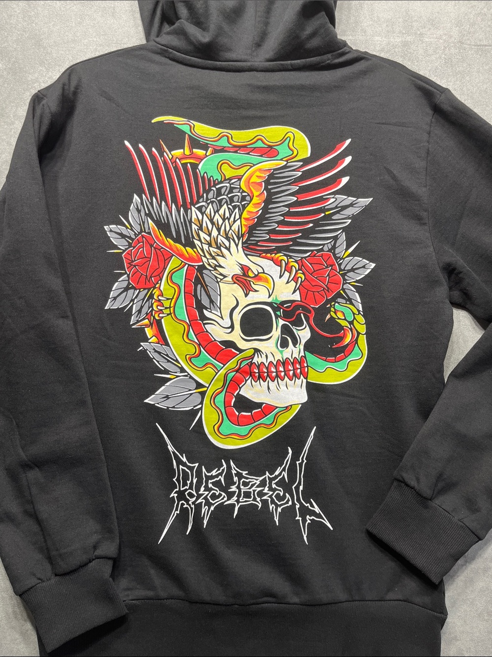 Rebel Vengeance Skull Eagle Snake Graphic Hoodie NWT Black Large
